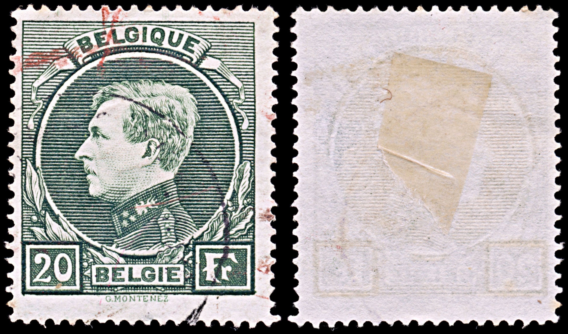 6506 Belgium SG502 20Fr Bright Green 1929. Sc#213 Mi263 Used. C£35