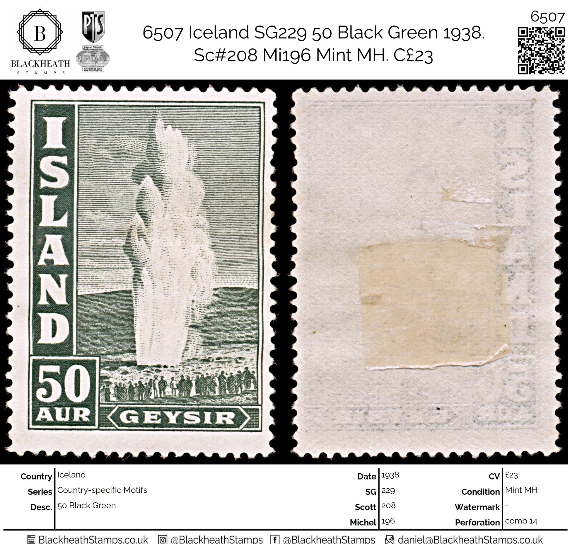 6507 Iceland SG229 50 Black Green 1938. Sc#208 Mi196 Mint MH. C£23