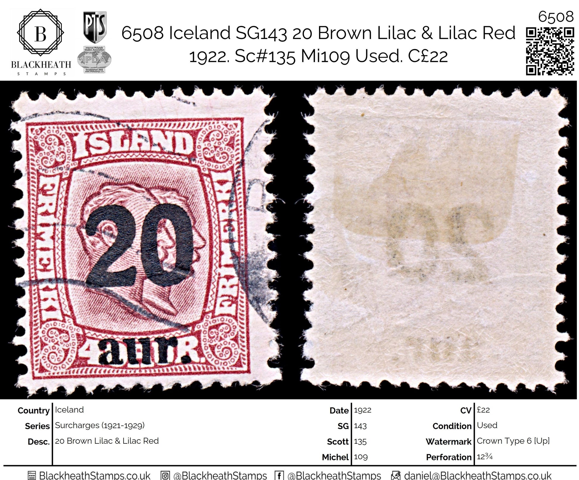 6508 Iceland SG143 20 Brown Lilac & Lilac Red 1922. Sc#135 Mi109 Used. C£22