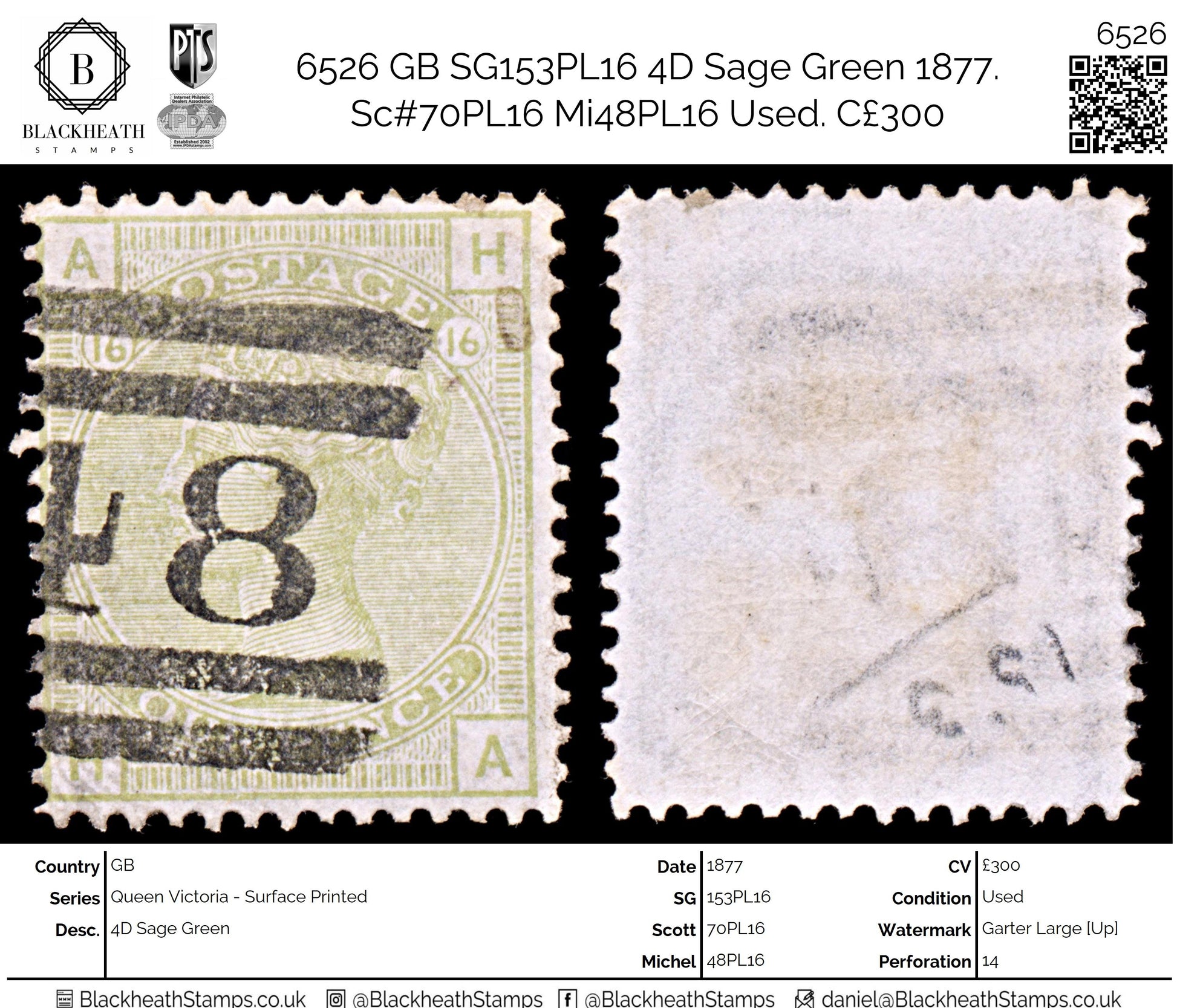 6526 GB SG153PL16 4D Sage Green 1877. Sc#70PL16 Mi48PL16 Used. C£300