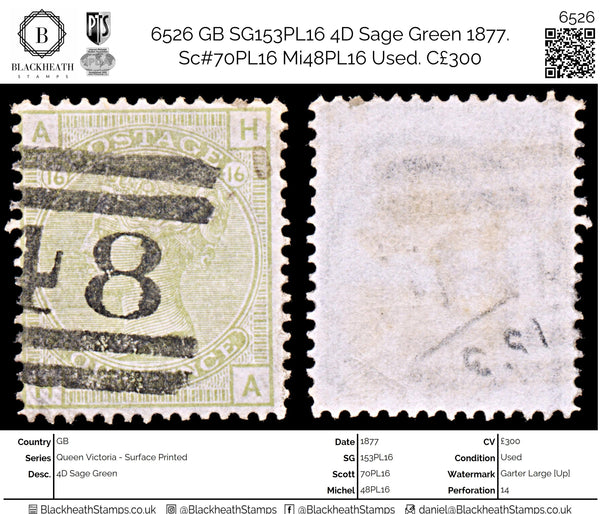 6526 GB SG153PL16 4D Sage Green 1877. Sc#70PL16 Mi48PL16 Used. C£300