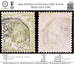 6542 GB SG211 1S Dull Green 1887. Sc#122 Mi97a Used. C£80