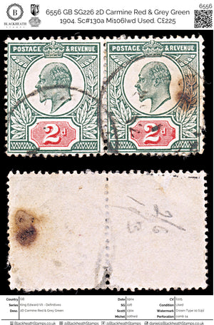 6556 GB SG226 2D Carmine Red & Grey Green 1904. Sc#130a Mi106Iwd Used. C£225