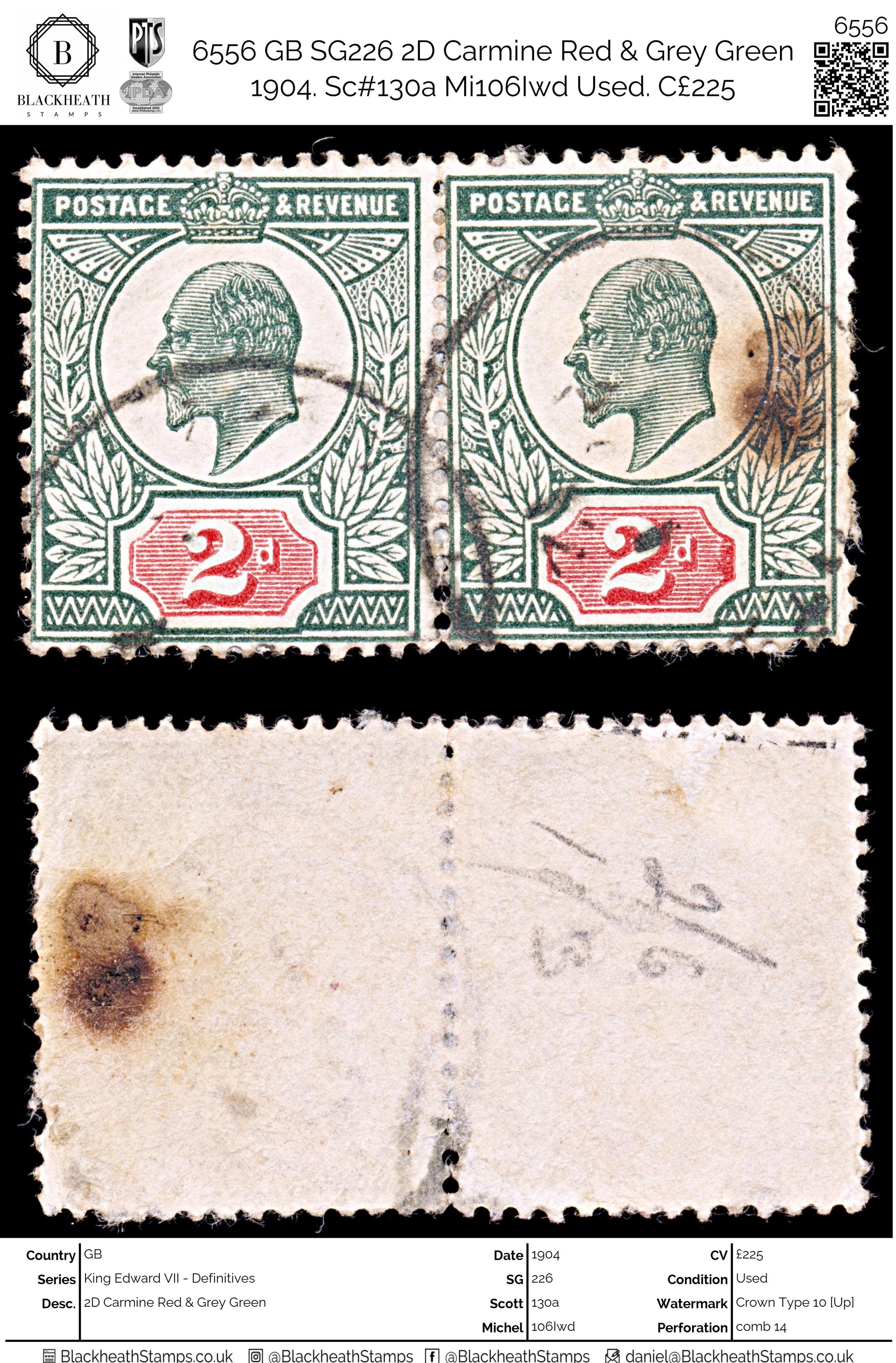 6556 GB SG226 2D Carmine Red & Grey Green 1904. Sc#130a Mi106Iwd Used. C£225