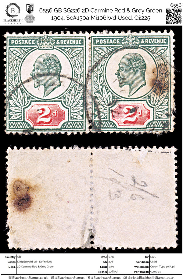 6556 GB SG226 2D Carmine Red & Grey Green 1904. Sc#130a Mi106Iwd Used. C£225