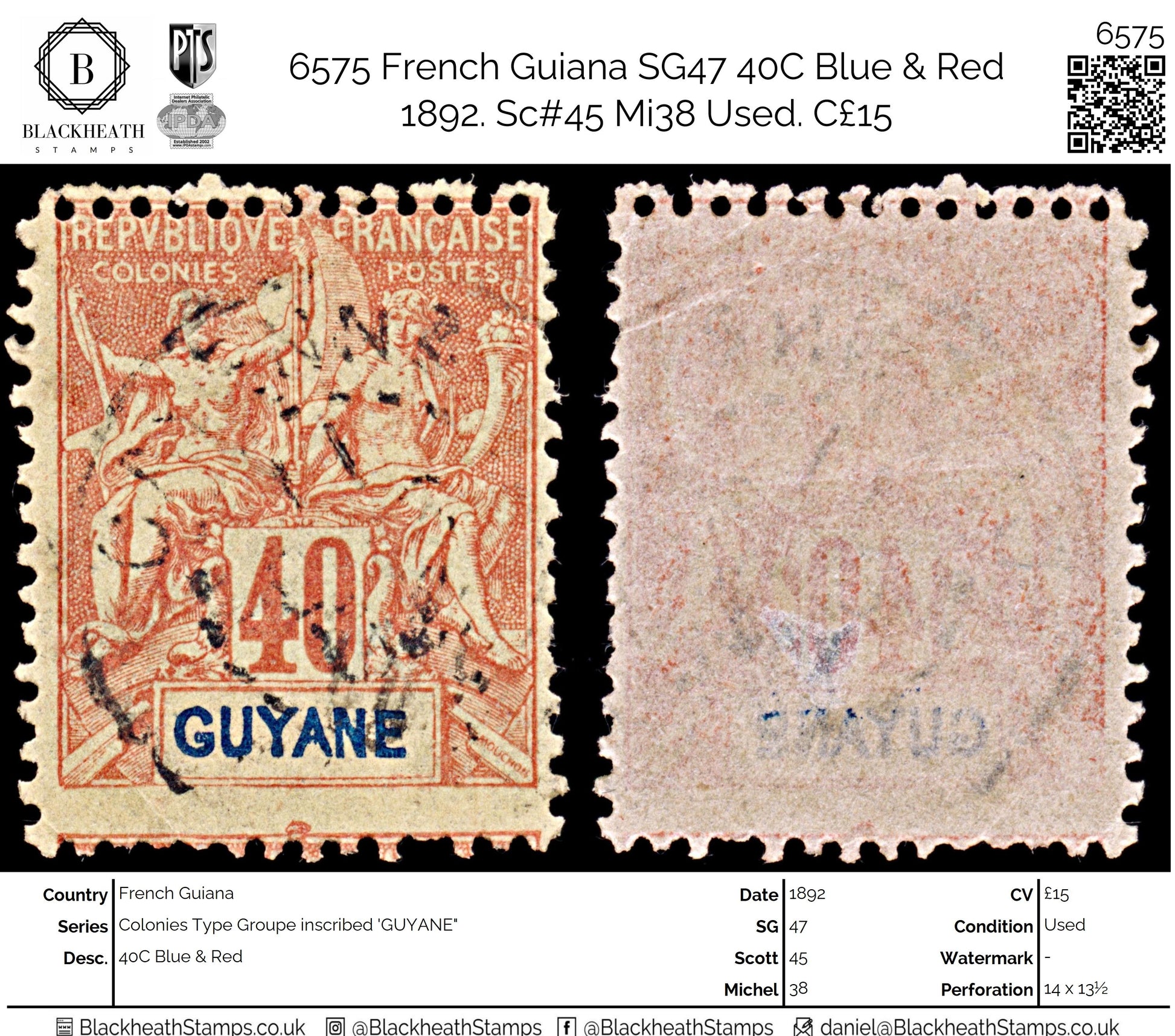 6575 French Guiana SG47 40C Blue & Red 1892. Sc#45 Mi38 Used. C£15