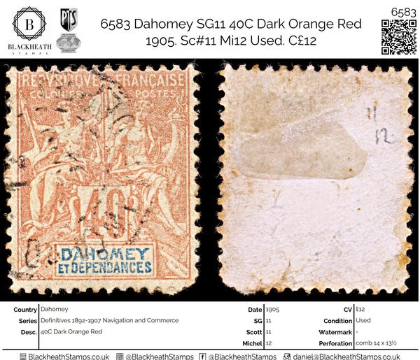 6583 Dahomey SG11 40C Dark Orange Red 1905. Sc#11 Mi12 Used. C£12