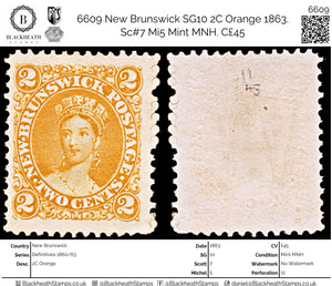 6609 New Brunswick SG10 2C Orange 1863. Sc#7 Mi5 Mint MNH. C£45