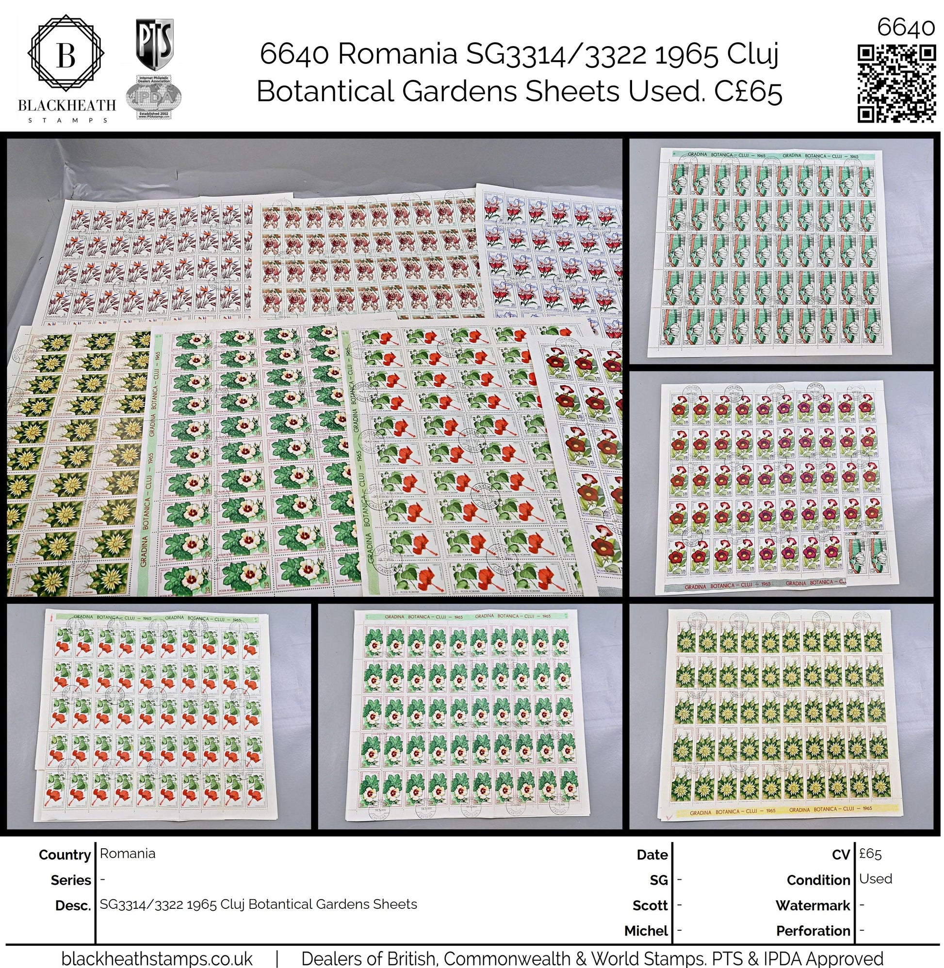 6640 Romania SG3314/3322 1965 Cluj Botanical Gardens Sheets Used. C£65