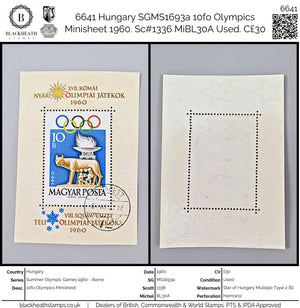 6641 Hungary SGMS1693a 10fo Olympics Minisheet 1960. Sc#1336 MiBL30A Used. C£30