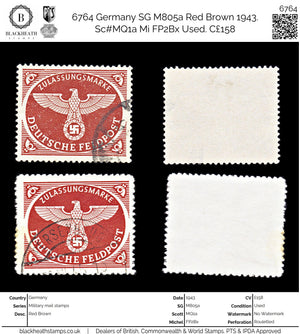 6764 Germany SG M805a Red Brown 1943. Sc#MQ1a Mi FP2Bx Used. C£158