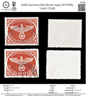 6766 Germany Red Brown 1943. Mi FP2By Used. C£158