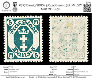 6777 Danzig SG86a 5 Opal Green 1922. Mi 108Y Mint MH. C£38