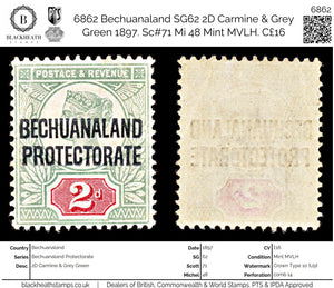 6862 Bechuanaland SG62 2D Carmine & Grey Green 1897. Sc#71 Mi 48 Mint MVLH. C£16