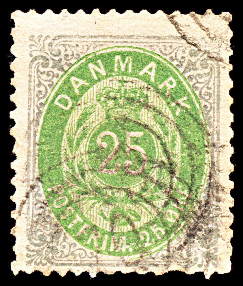 6900 Denmark SG73 25 Ore Green & Grey 1875. Sc#32 Mi 29IYA Used. C£37