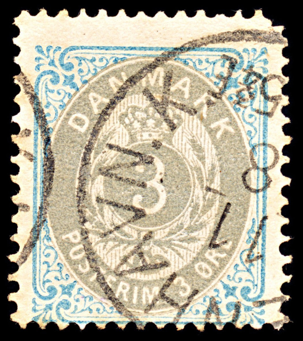 6901 Denmark SG50 3 Ore Grey & Light Blue 1875. Sc#25 Mi 22IYAb Used. C£11