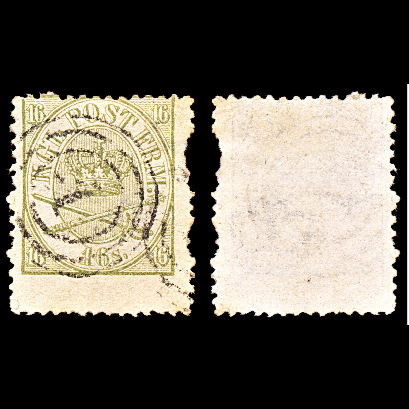 6909 Denmark SG30a 16 Sk Olive 1864. Sc#15 Mi 15A Used. C£130