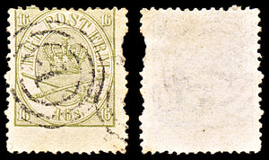 6909 Denmark SG30a 16 Sk Olive 1864. Sc#15 Mi 15A Used. C£130