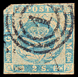 6917 Denmark SG8 2 Sk Blue 1855. Sc#3 Mi 3 Used. C£65