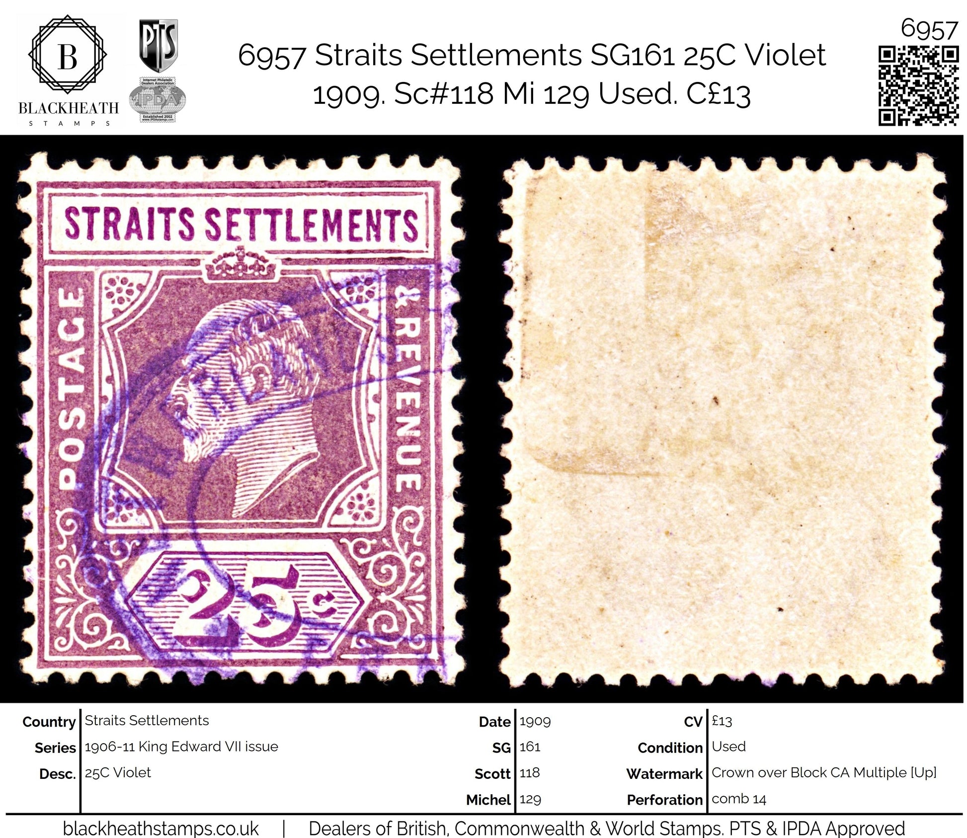 6957 Straits Settlements SG161 25C Violet 1909. Sc#118 Mi 129 Used. C£13