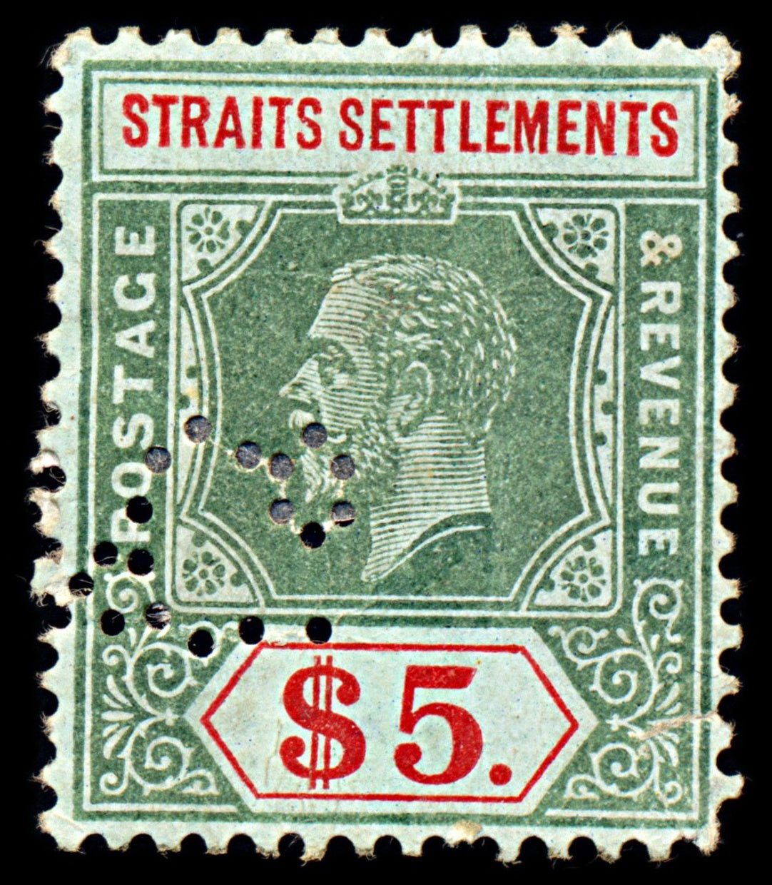 6958 Straits Settlements SG240a 5$ Green & Red 1926. Sc#201 Mi 187 Mint MH. C£120