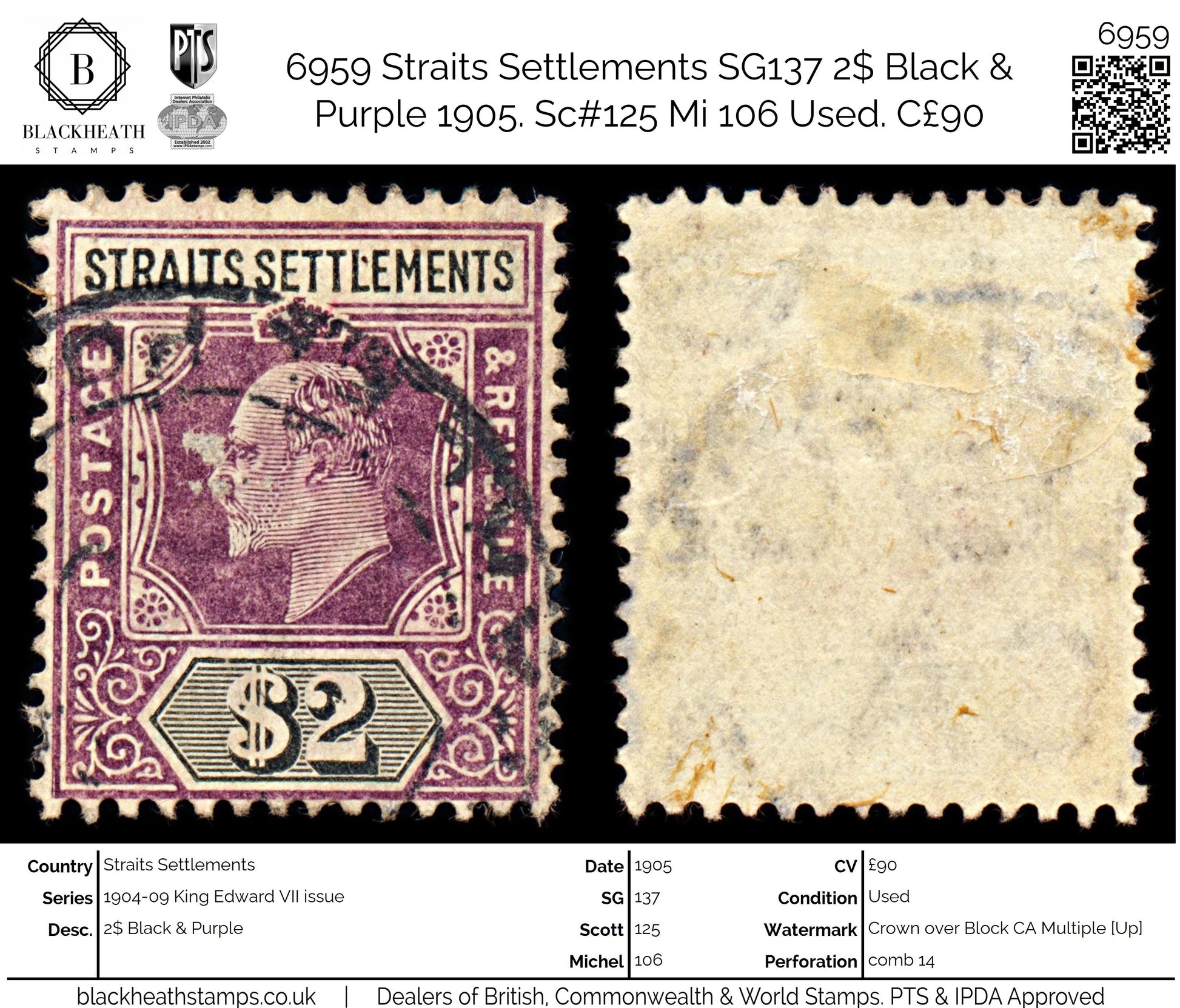 6959 Straits Settlements SG137 2$ Black & Purple 1905. Sc#125 Mi 106 Used. C£90