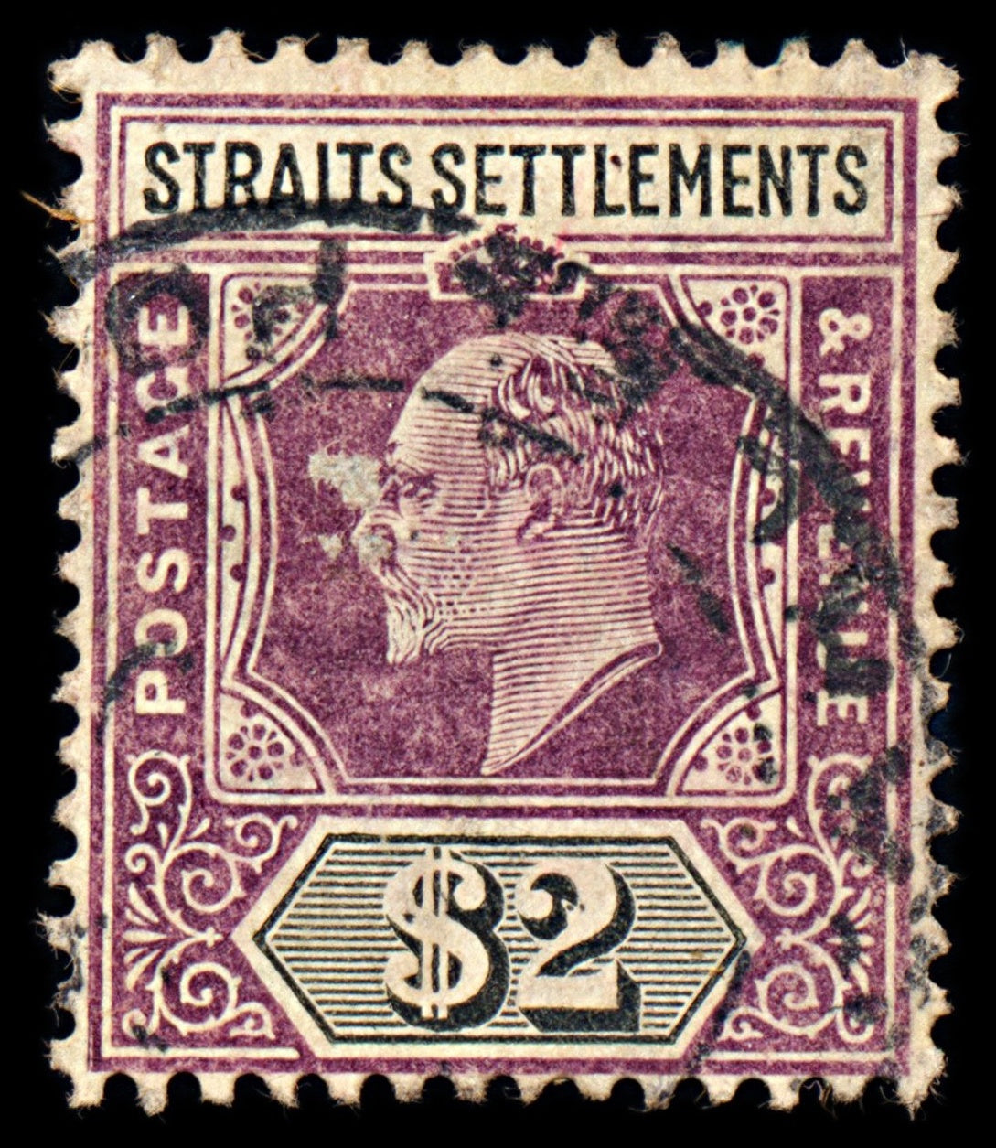 6959 Straits Settlements SG137 2$ Black & Purple 1905. Sc#125 Mi 106 Used. C£90