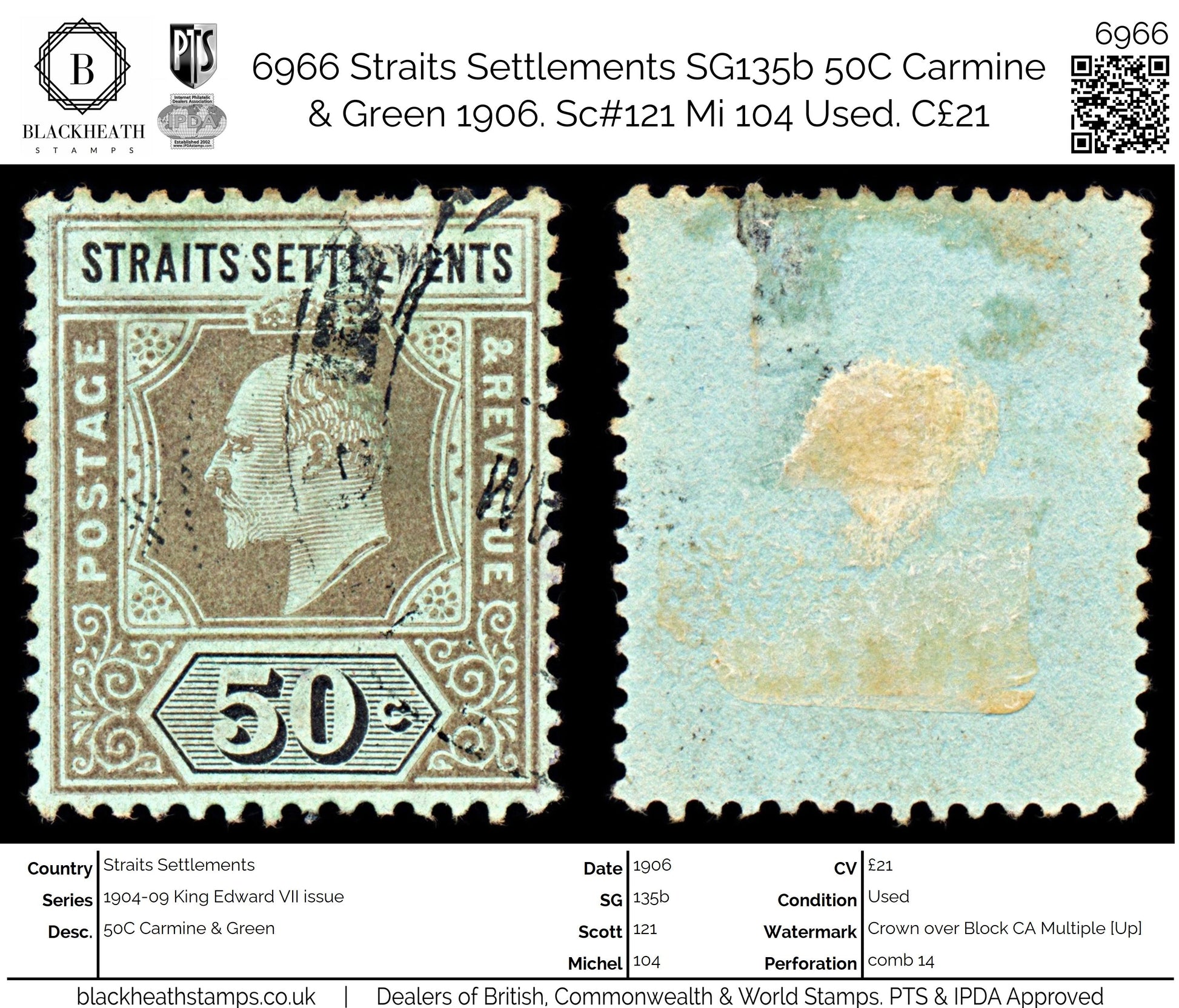 6966 Straits Settlements SG135b 50C Carmine & Green 1906. Sc#121 Mi 104 Used. C£21