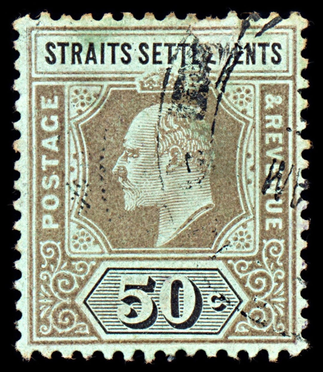 6966 Straits Settlements SG135b 50C Carmine & Green 1906. Sc#121 Mi 104 Used. C£21