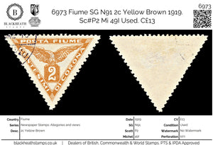 6973 Fiume SG N91 2c Yellow Brown 1919. Sc#P2 Mi 49I Used. C£13