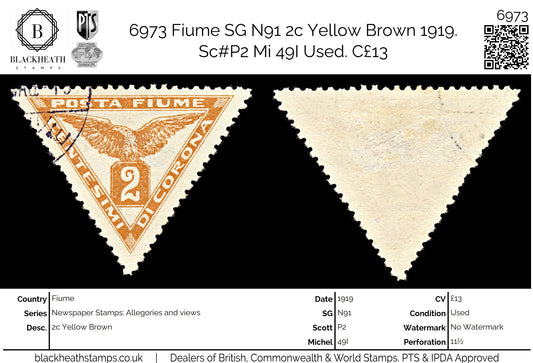 6973 Fiume SG N91 2c Yellow Brown 1919. Sc#P2 Mi 49I Used. C£13