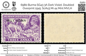 6980 Burma SG43 3A Dark Violet. Doubled Overprint 1945. Sc#43 Mi 44 Mint MVLH