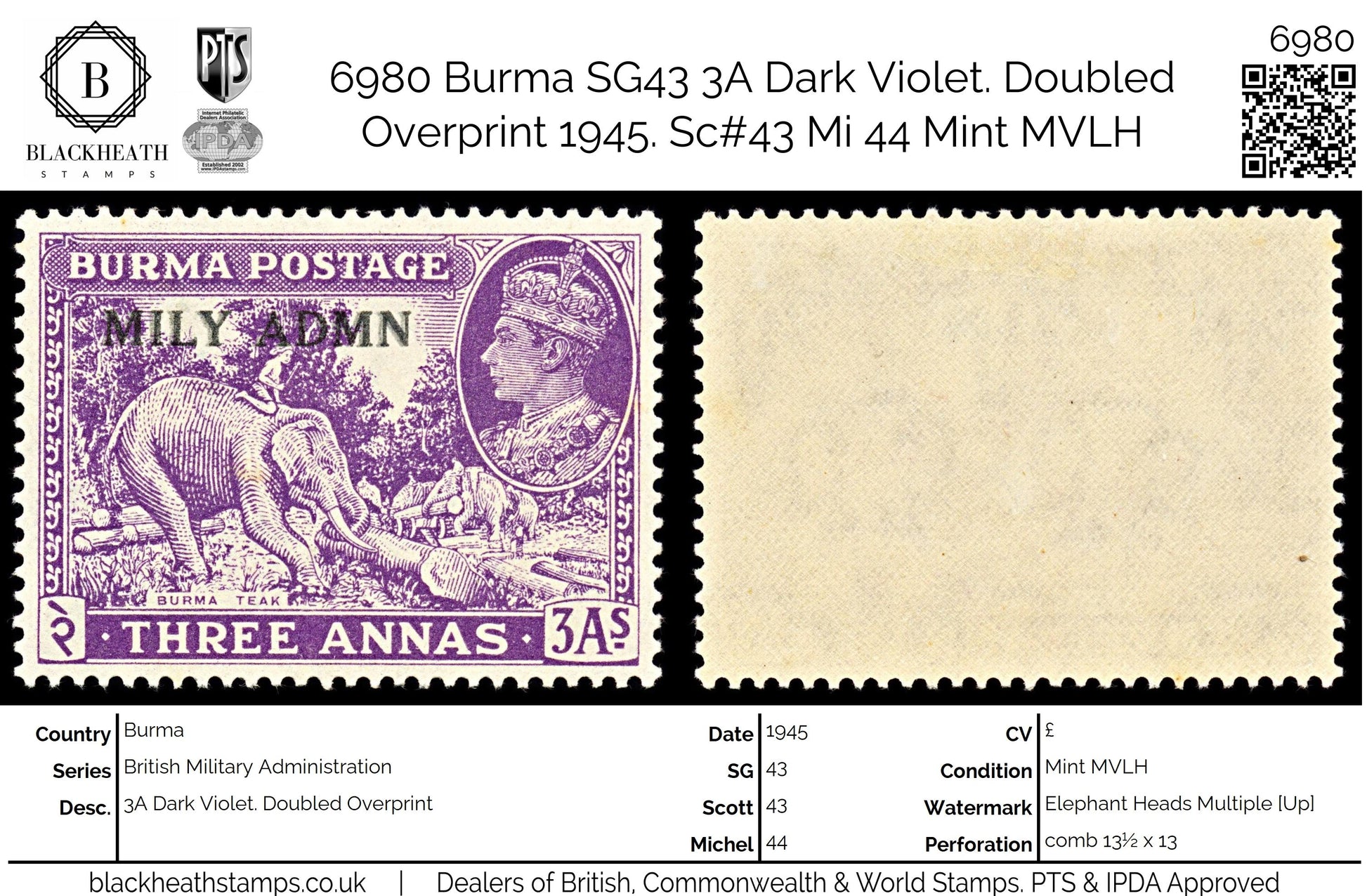 6980 Burma SG43 3A Dark Violet. Doubled Overprint 1945. Sc#43 Mi 44 Mint MVLH