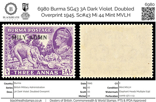 6980 Burma SG43 3A Dark Violet. Doubled Overprint 1945. Sc#43 Mi 44 Mint MVLH