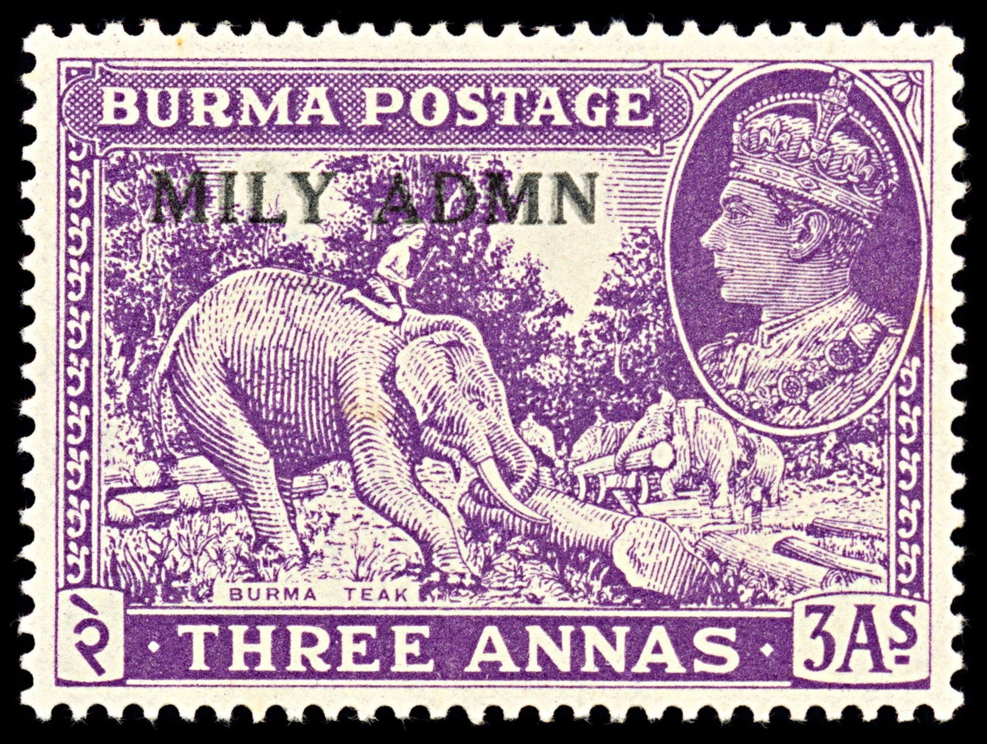 6980 Burma SG43 3A Dark Violet. Doubled Overprint 1945. Sc#43 Mi 44 Mint MVLH