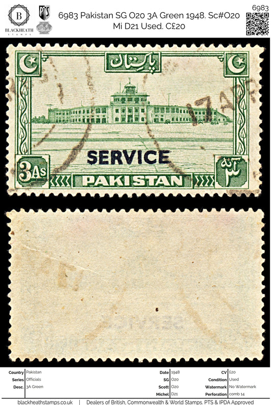 6983 Pakistan SG O20 3A Green 1948. Sc#O20 Mi D21 Used. C£20