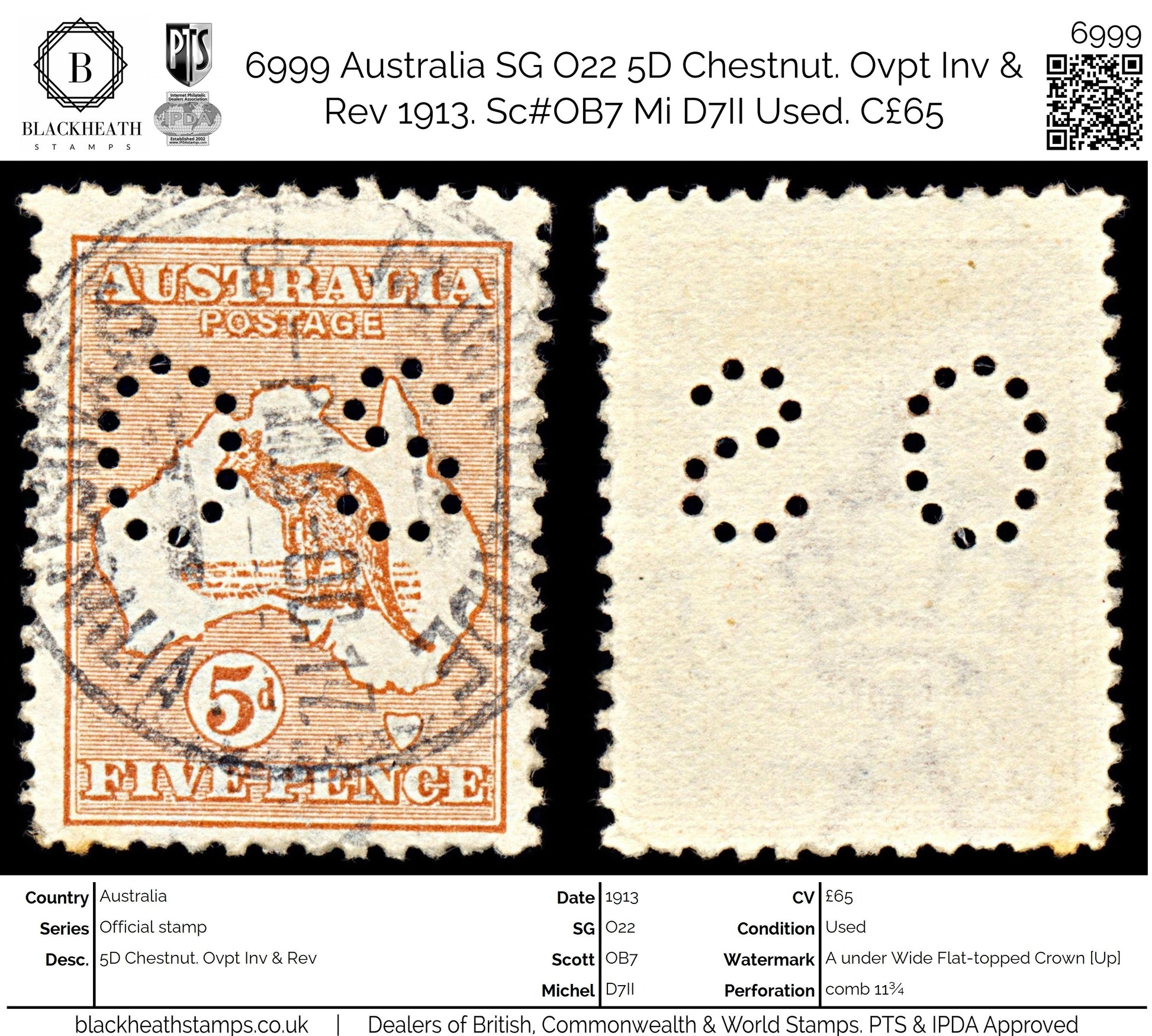 6999 Australia SG O22 5D Chestnut. Ovpt Inv & Rev 1913. Sc#OB7 Mi D7II Used. C£65