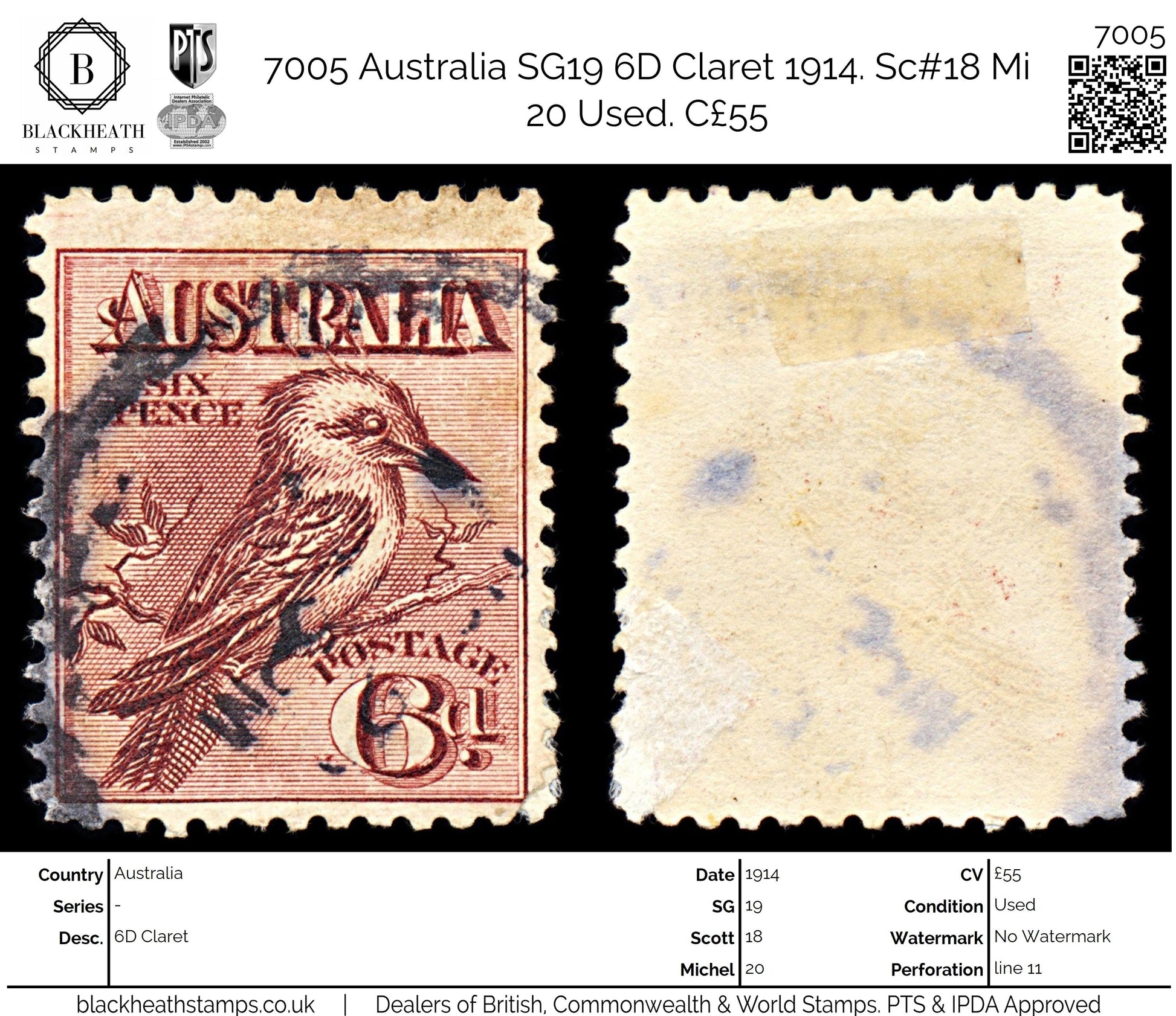 7005 Australia SG19 6D Claret 1914. Sc#18 Mi 20 Used. C£55
