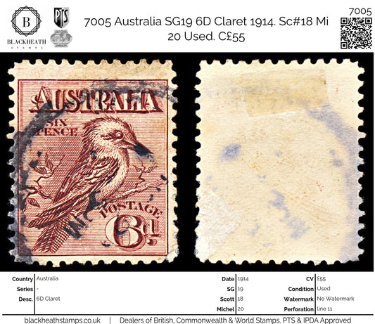 7005 Australia SG19 6D Claret 1914. Sc#18 Mi 20 Used. C£55
