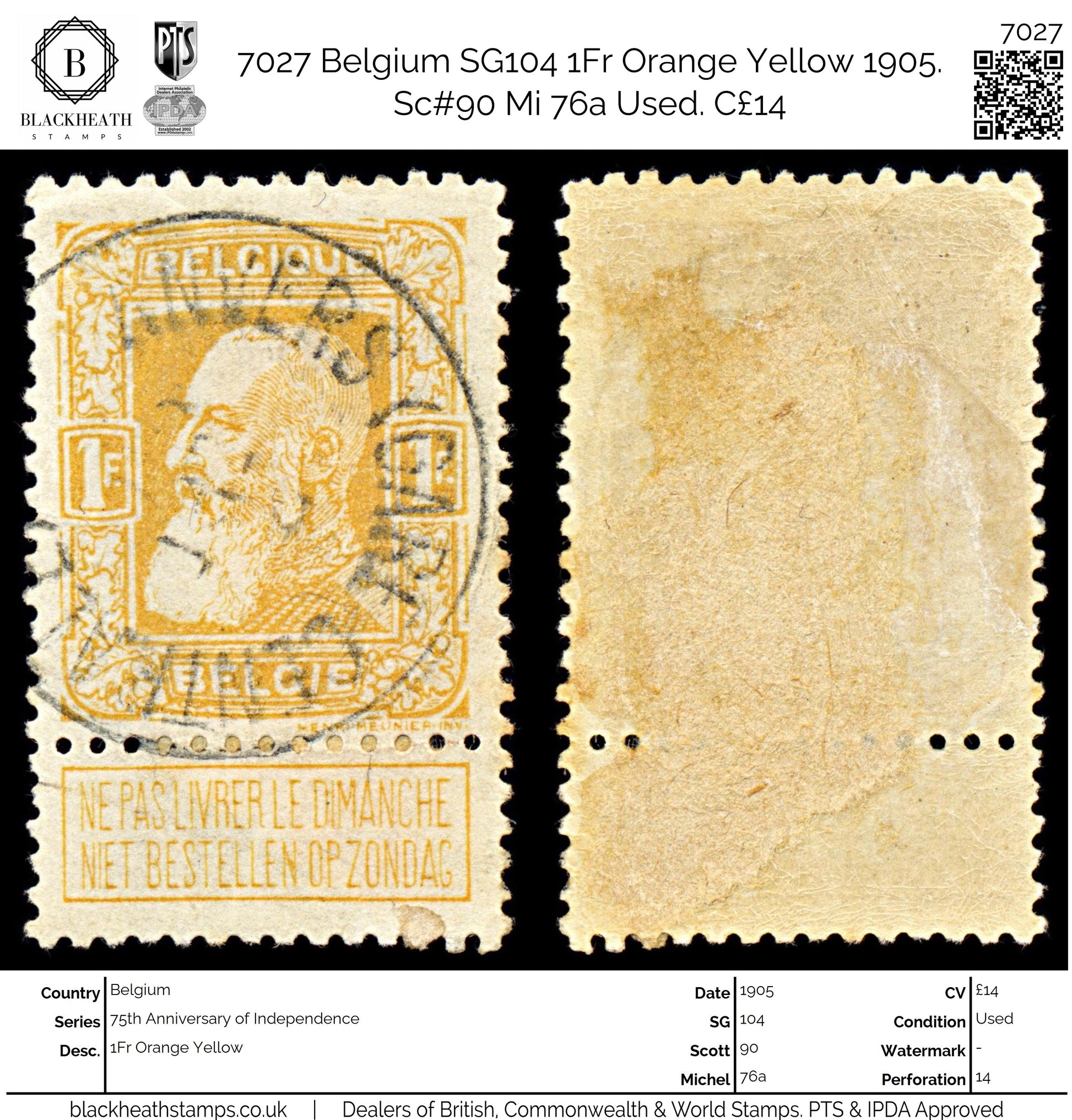7027 Belgium SG104 1Fr Orange Yellow 1905. Sc#90 Mi 76a Used. C£14