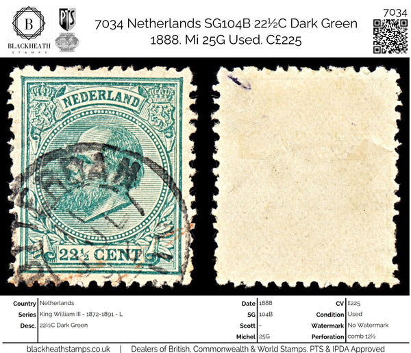 7034 Netherlands SG104B 22½C Dark Green 1888. Mi 25G Used. C£225