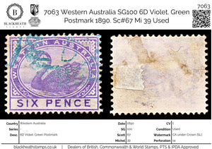 7063 Western Australia SG100 6D Violet. Green Postmark 1890. Sc#67 Mi 39 Used