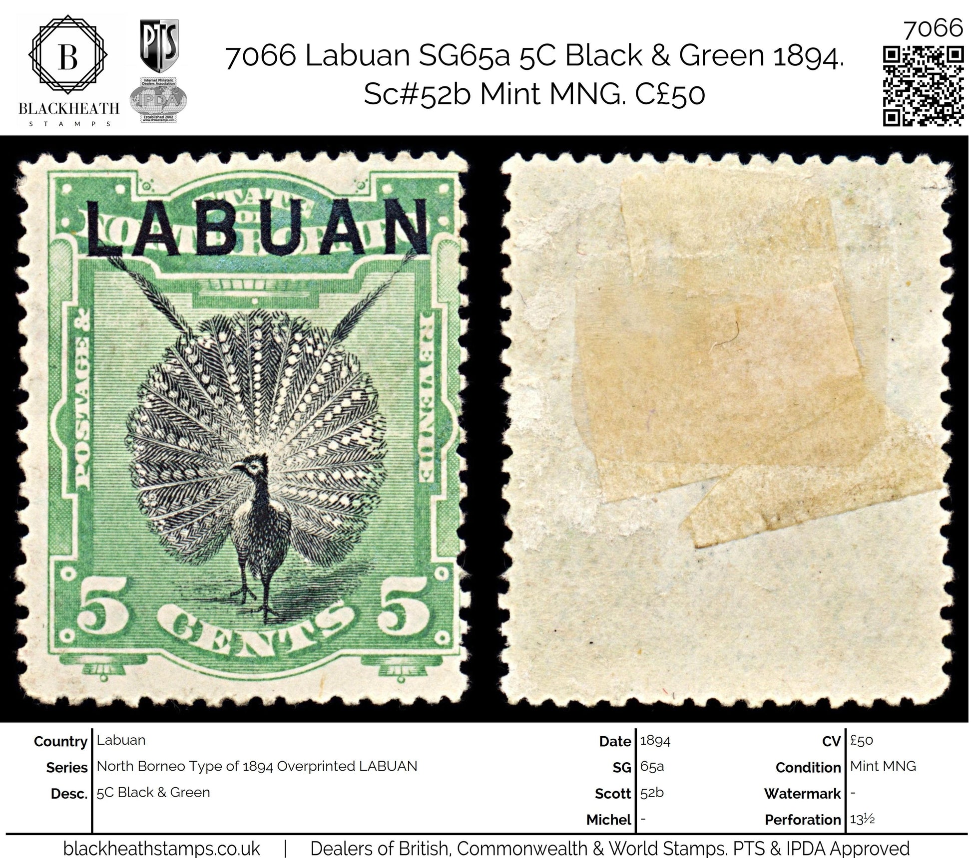 7066 Labuan SG65a 5C Black & Green 1894. Sc#52b Mint MNG. C£50