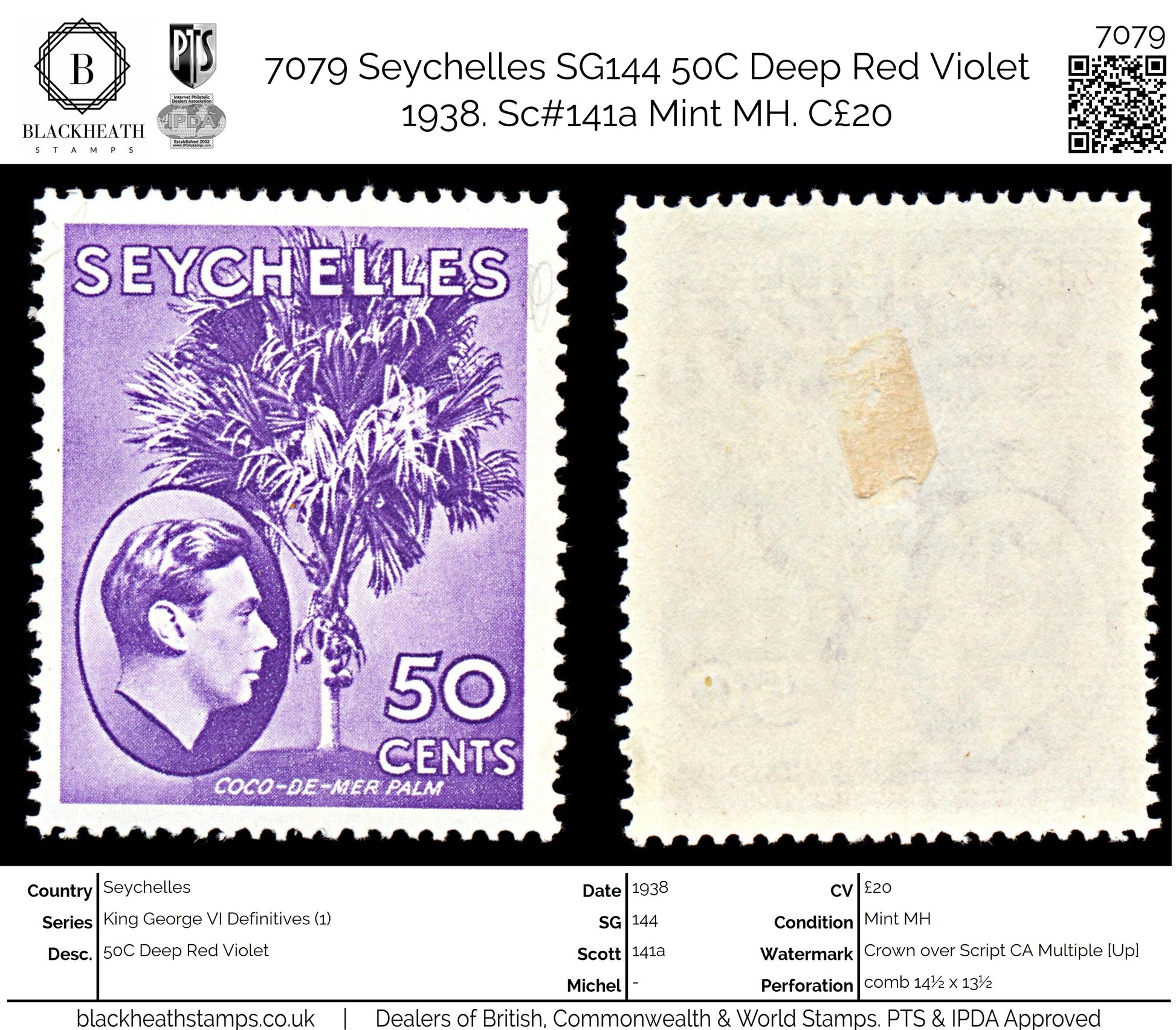 7079 Seychelles SG144 50C Deep Red Violet 1938. Sc#141a Mint MH. C£20