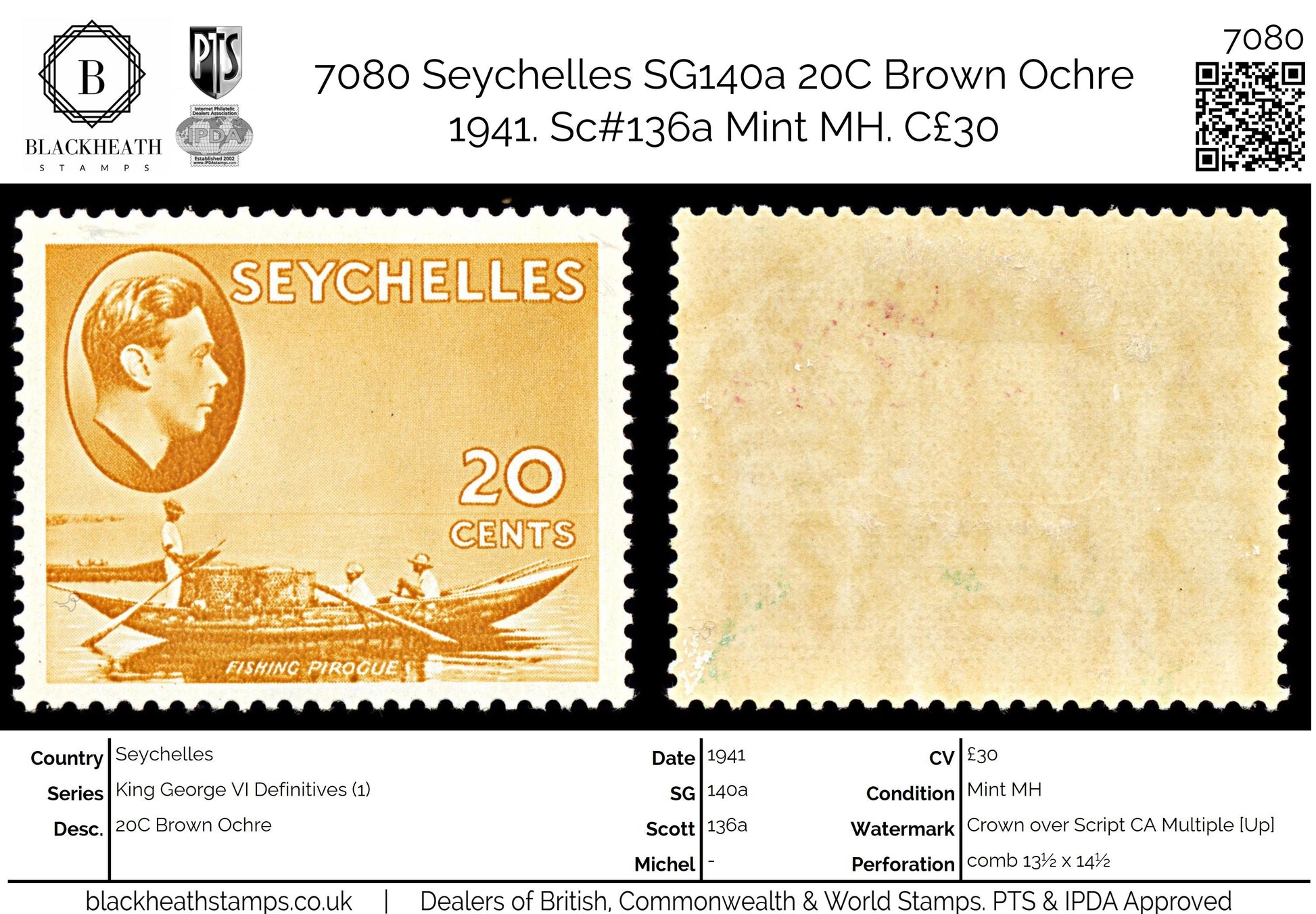 7080 Seychelles SG140a 20C Brown Ochre 1941. Sc#136a Mint MH. C£30