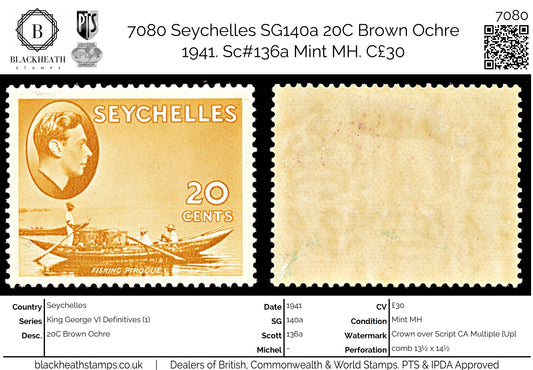 7080 Seychelles SG140a 20C Brown Ochre 1941. Sc#136a Mint MH. C£30