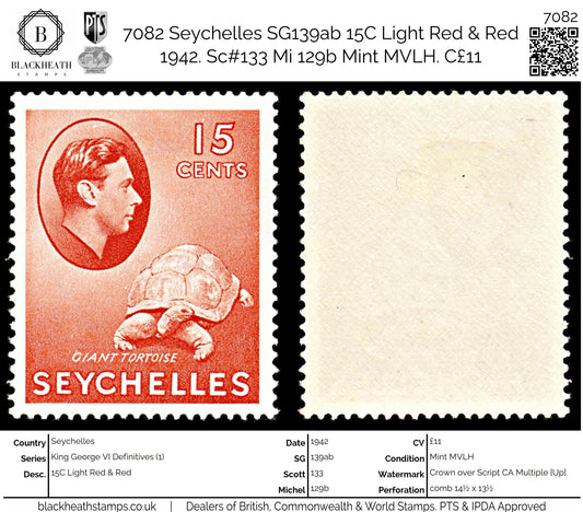 7082 Seychelles SG139ab 15C Light Red & Red 1942. Sc#133 Mi 129b Mint MVLH. C£11