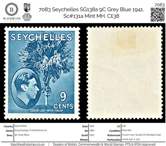 7083 Seychelles SG138a 9C Grey Blue 1941. Sc#131a Mint MH. C£38