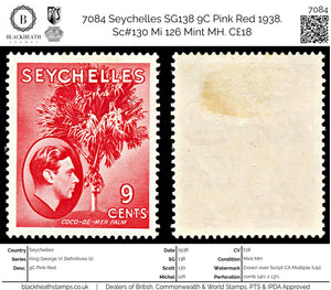 7084 Seychelles SG138 9C Pink Red 1938. Sc#130 Mi 126 Mint MH. C£18