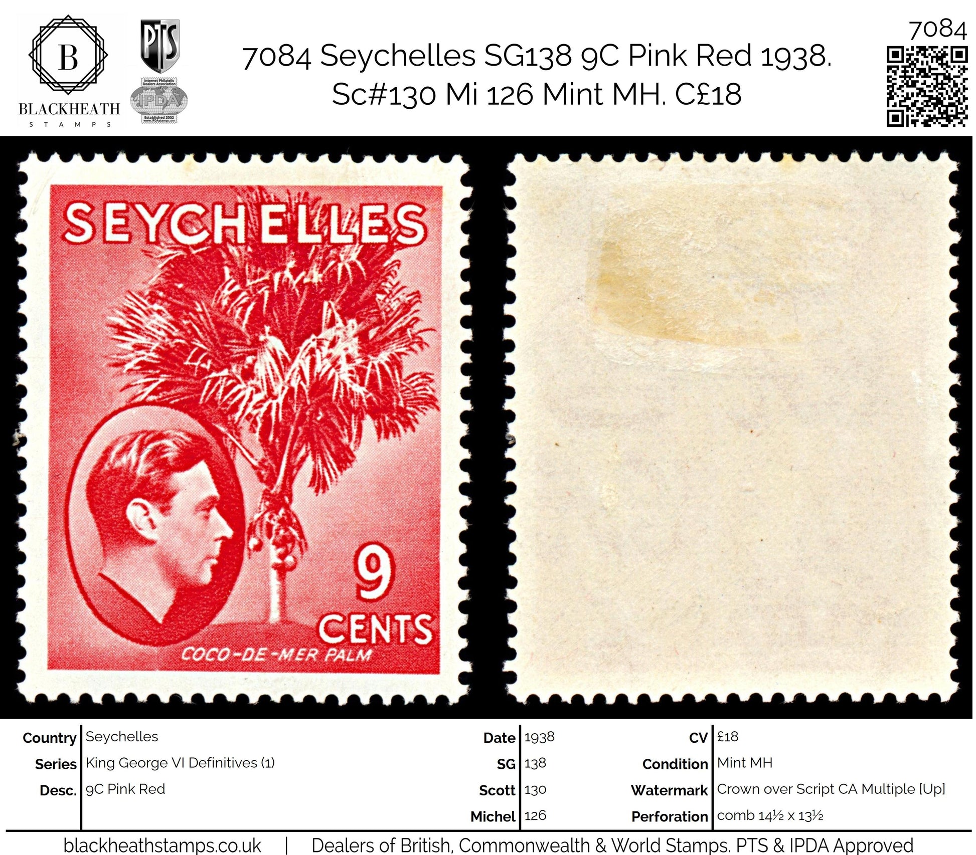 7084 Seychelles SG138 9C Pink Red 1938. Sc#130 Mi 126 Mint MH. C£18